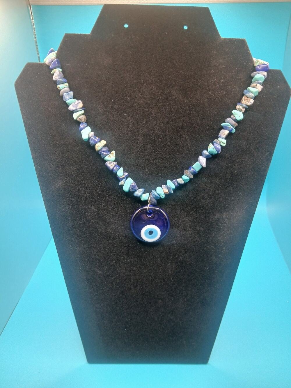 Blue Evil Eye Turkish Glass Pendant. Semi Precious Stones. Good Luck, Protection
